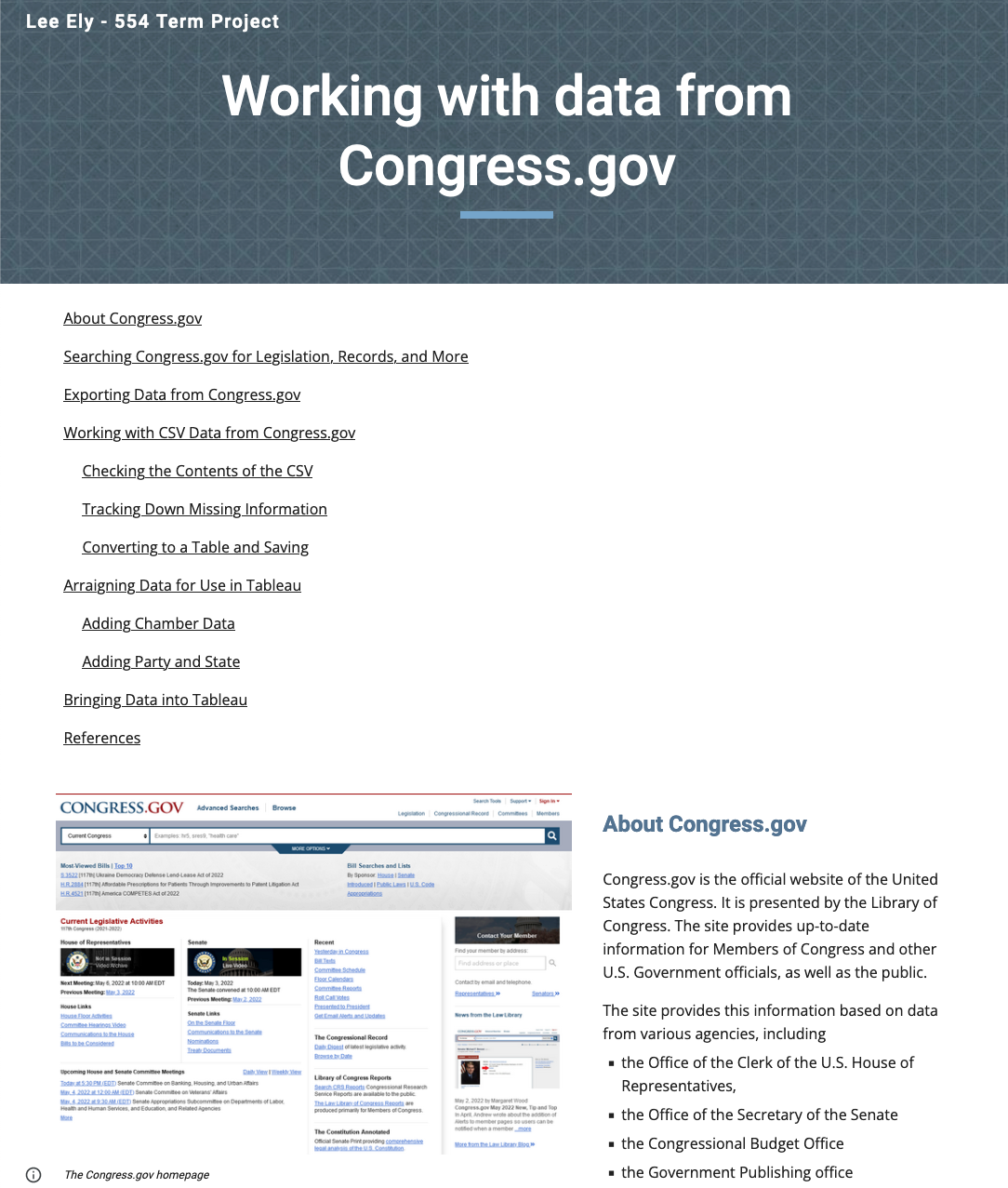 A screenshot of a Google Site called Working with data from Congress.gov